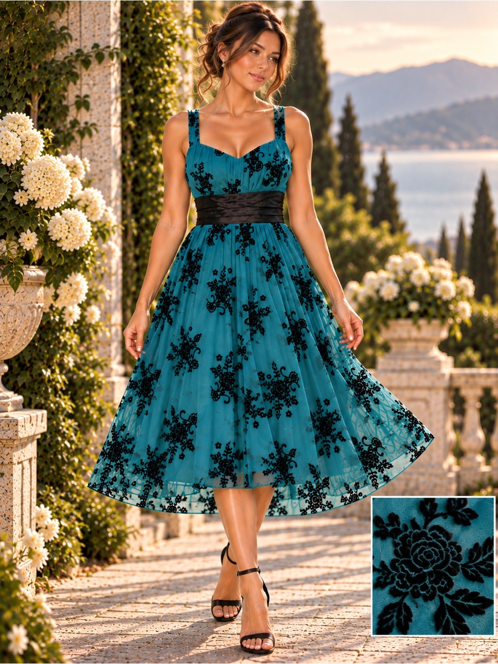 TRIXXI Teal Black Floral Flocked Chiffon Babydoll Dress Sz L Vintage Y2K Fairy
